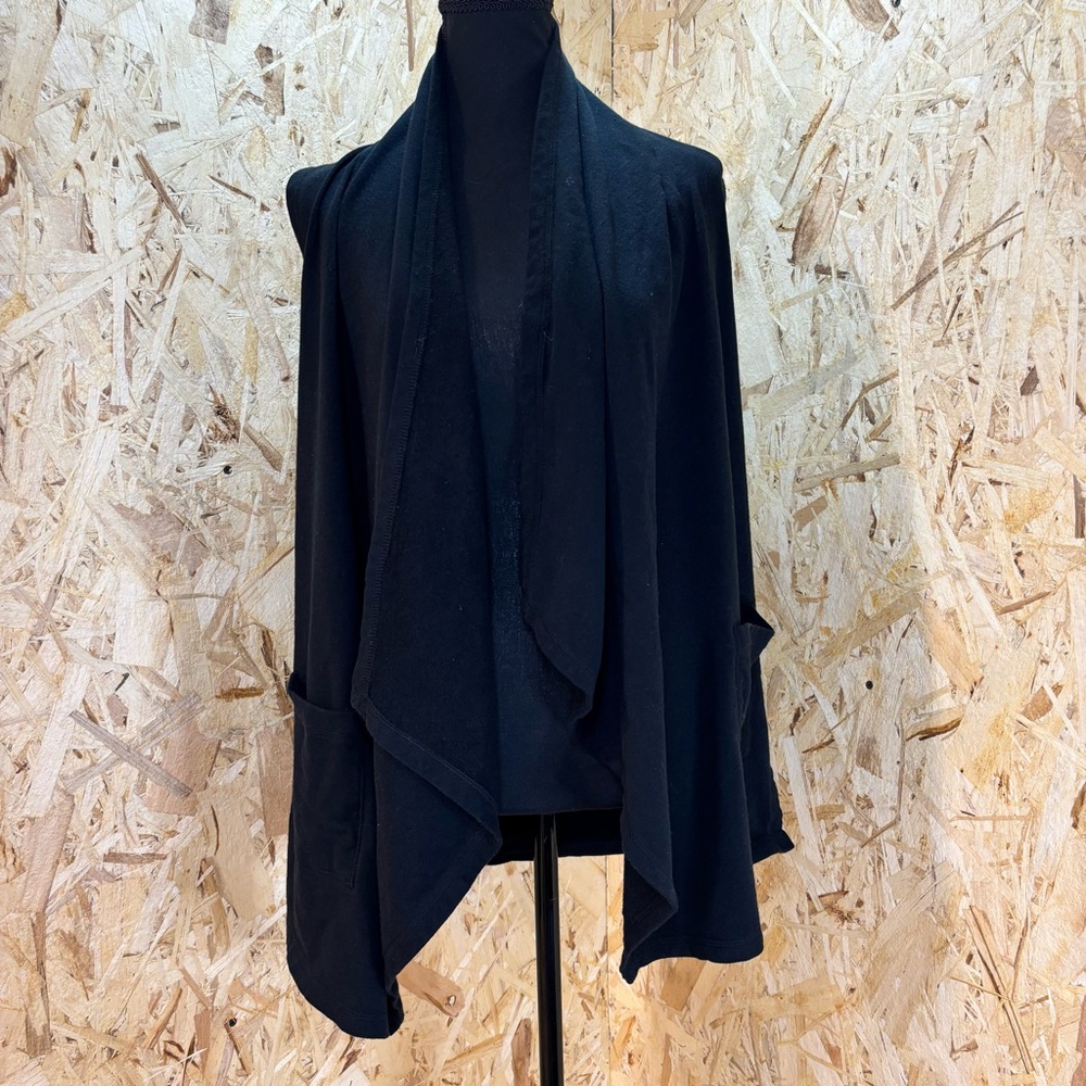 Lauren Ralph Lauren Black Open Front Cardigan – 100% Cotton Drape Shawl – Size M
